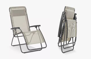 A taupe folding sun lounger