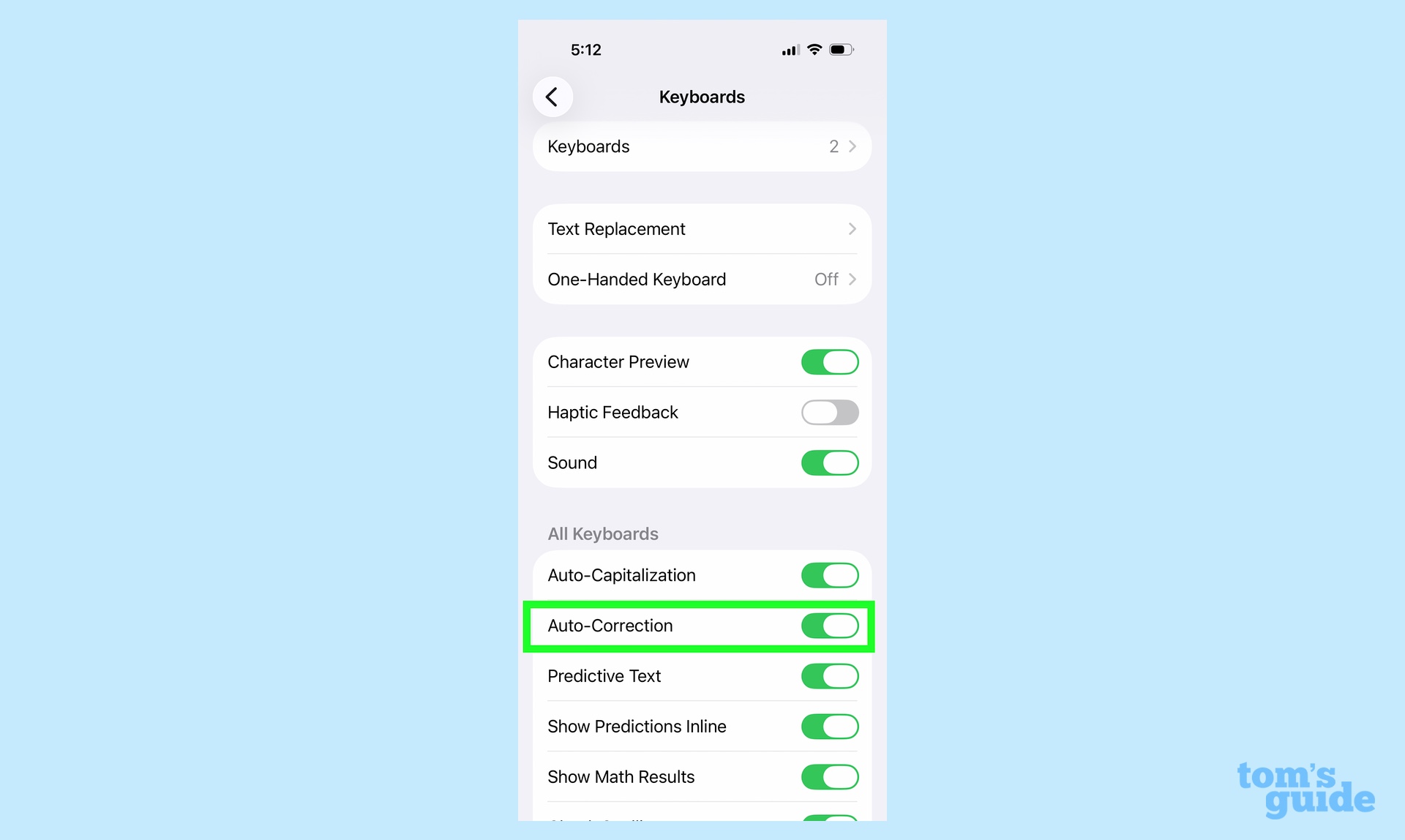 turn off auto-correct in Keyboards settings