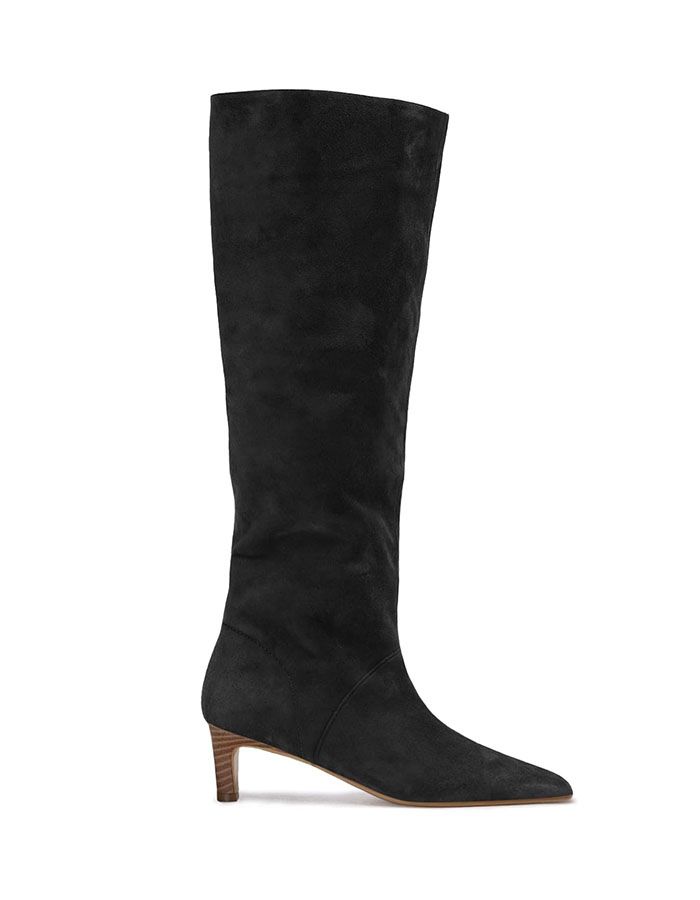 Coutgo Womens Knee High Boots Wide Calf Kitten Heel Pointed Toe Long Boots Pull on Winter Dress Shoes,black,size 9