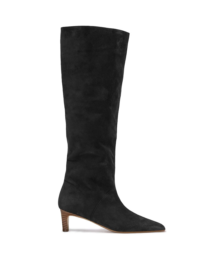 Coutgo Womens Knee High Boots Wide Calf Kitten Heel Pointed Toe Long Boots Pull on Winter Dress Shoes,black,size 9