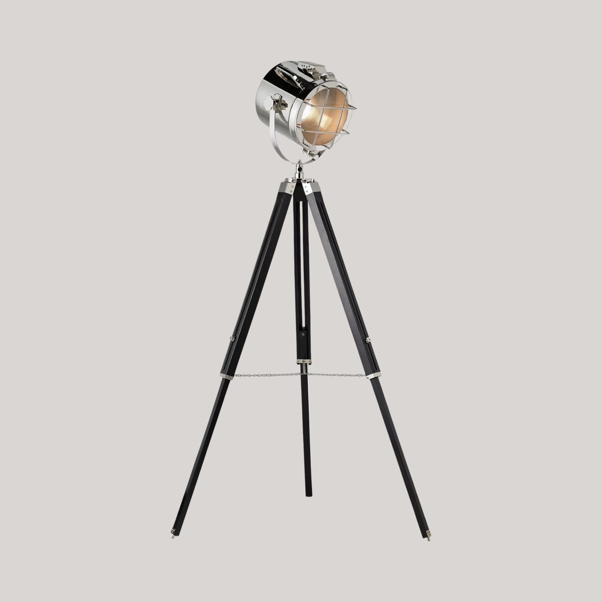 Bay Lighting Waterside Tripod Floor Lamp, Polished Nickel/Black against pale gray background.