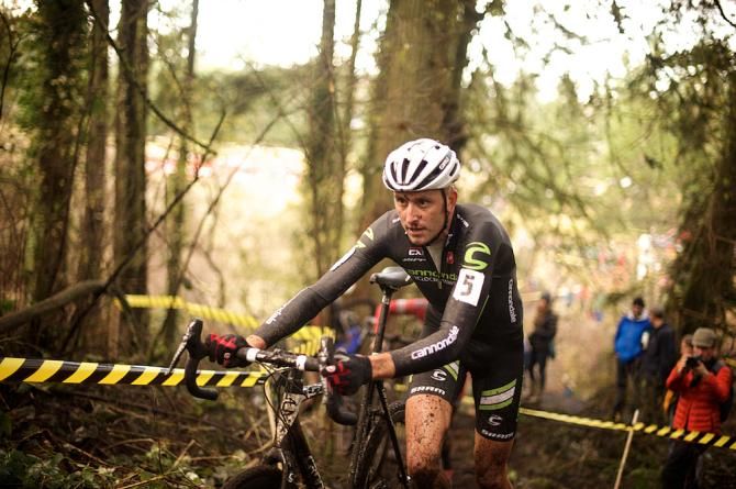 Ryan Trebon (CANNONDALE) hits the run-up.