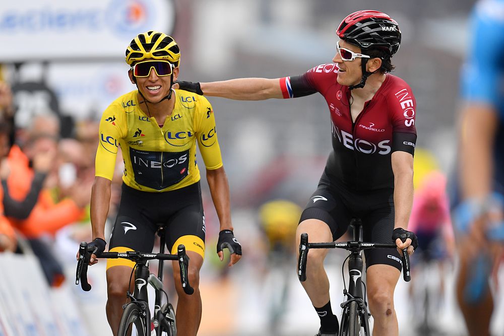 Geraint Thomas (Team Ineos) congratulates Egan Bernal after stage 20 of the Tour de France