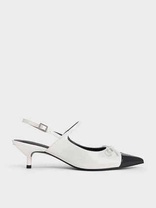 Bow Cap-Toe Kitten-Heel Slingback Pumps