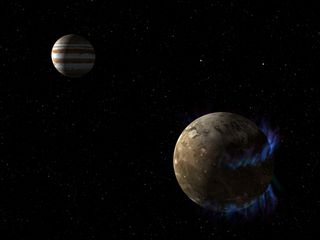 In this illustration, the moon Ganymede orbits the giant planet Jupiter. Ganymede is depicted with auroras, which were observed by NASA’s Hubble Space Telescope.