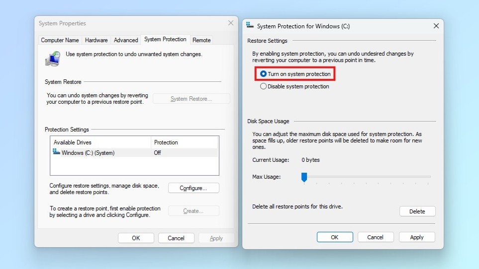 Enabling System Restore points in Windows 11