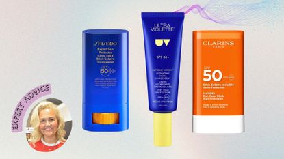 Caroline Hirons pictured beside shiseido sunscreen stick, Ultra Violette supreme screen and clarins sunscreen stick