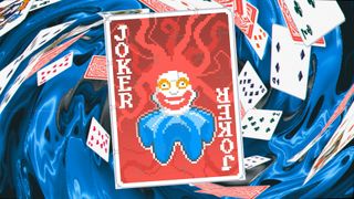 A joker card with other cards in the background