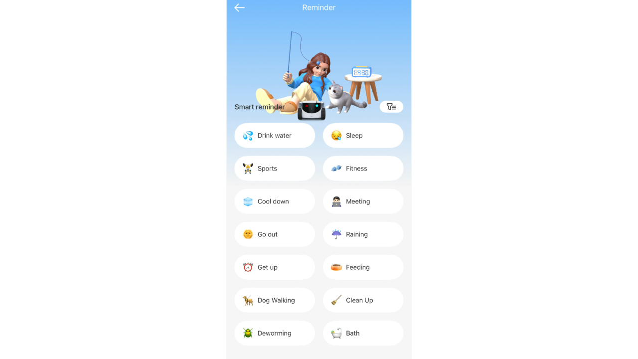 Screenshot from Enabot Rola PetPal's smart reminder page on the app
