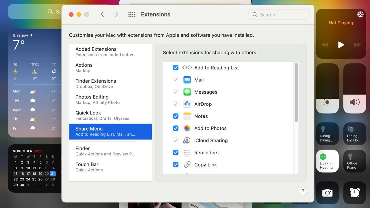Screen shot showing Share menu options for extensions