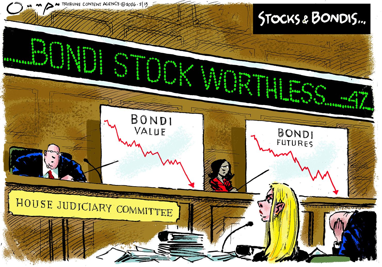 
                                This cartoon is titled “Stocks and Bondis”. Pam Bondi sits in a congressional hearing room next to a man who is ashamed, head bowed and covering his ears. The hearing room has a stock ticker with the message “Bondi Stock Worthless” and two charts showing “Bondi Value” and “Bondi Futures” with a sharply declining arrow.
                            