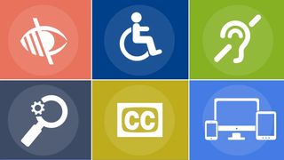 Accessibility graphic representing loss of vision, mobility, hearing, and solutions like closed captioning