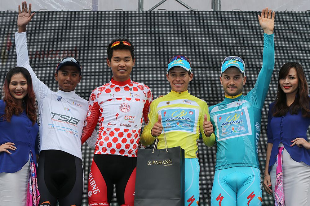 Miguel Angel Lopez (Astana) in yellow after winning stage 4 at the Tour de Langkawi