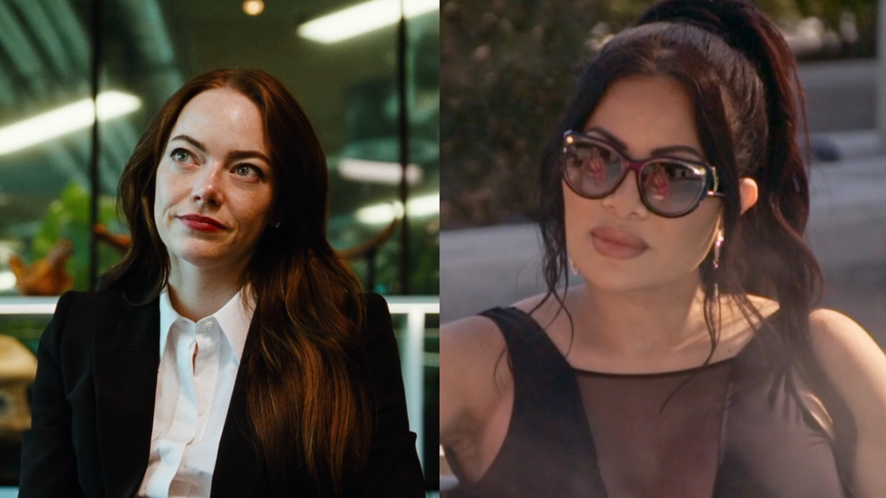 Emma Stone in Bugonia and Jen Shah in RHOSLC side by side 