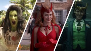 Split image showing three Marvel TV shows: (left to right) She-Hulk, WandaVision, and Loki.