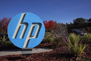Large HP logo greeting visotors to its Palo Alto offices
