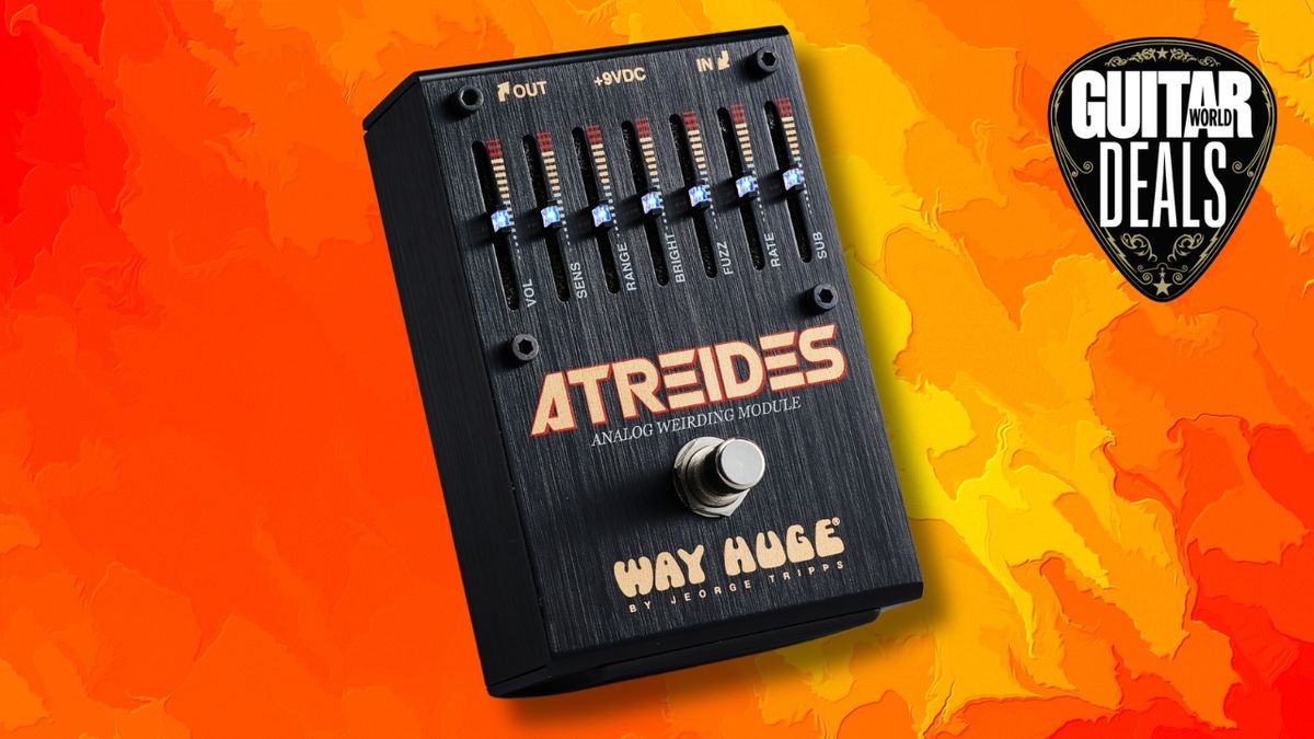 A Way Huge Atreides guitar pedal on an orange and red backdrop