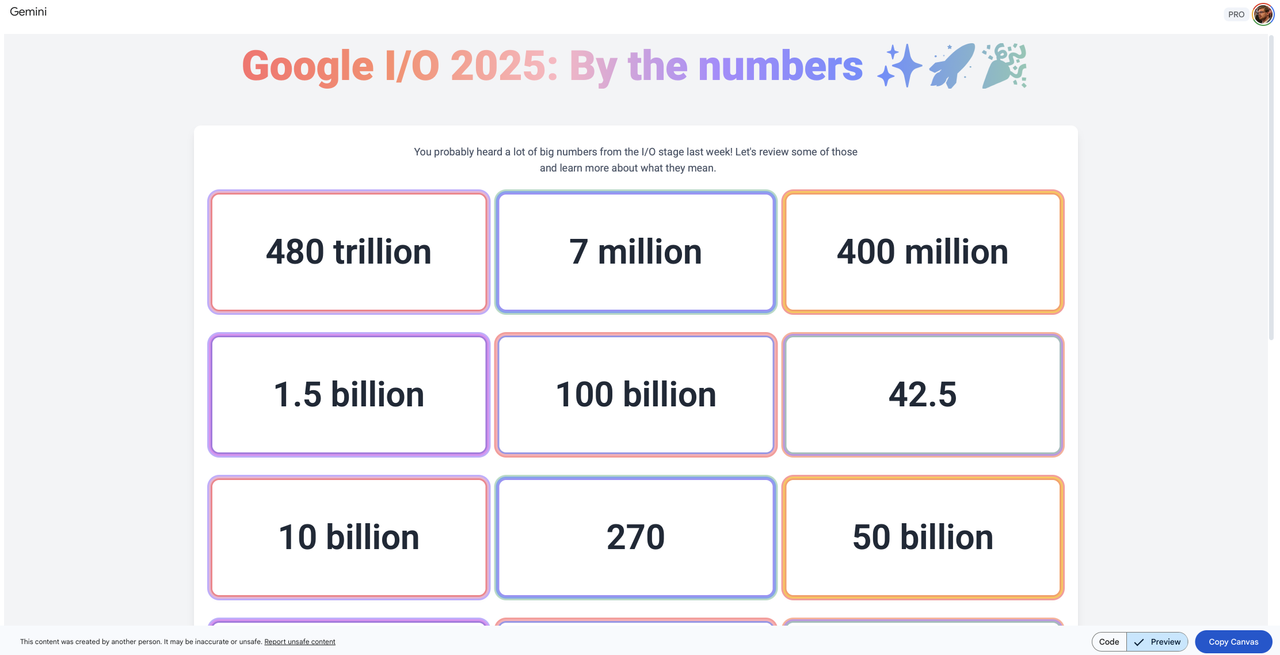 A screenshot of the Gemini web app for Google I/O highlights.