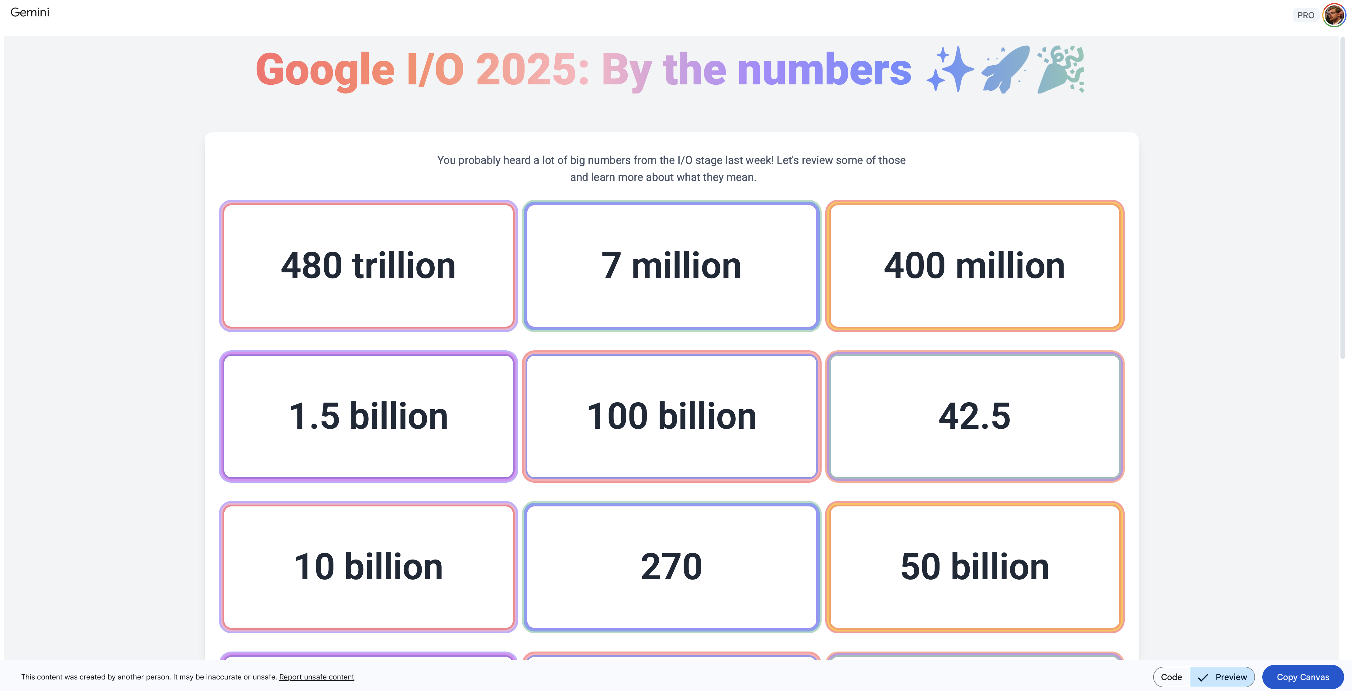 A screenshot of the Gemini web app for Google I/O highlights.