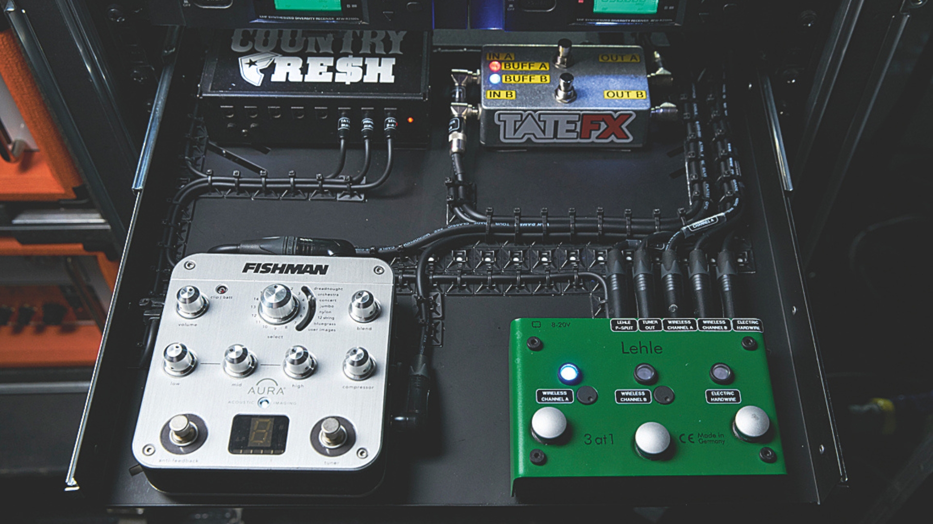 Two acoustic guitar pedals on a rack mount unit