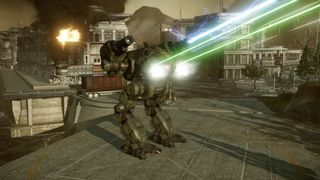 Best mech games - In MechWarrior Online, a Jenner light mech fires its full array of mounted laser and particle weaponry.