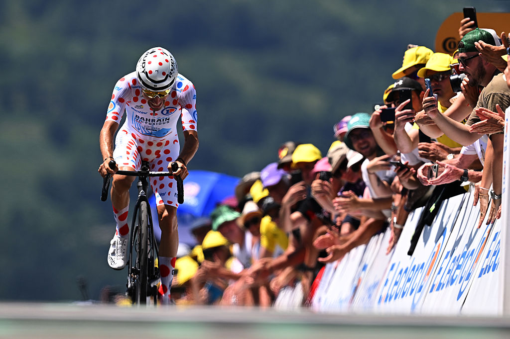 PEYRAGUDES, FRANCE - JULY 18: Lenny Martinez of France and Team Bahrain - Victorious - Polka Dot Mountain Jersey crosses the finish line during the 112th Tour de France 2025, Stage 13 a 10.9km individual time trial stage from Loudenvielle to Peyragudes 1561m / #UCIWT / on July 18, 2025 in Peyragudes, France. (Photo by Tim de Waele/Getty Images)