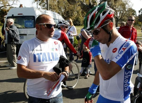 Italian national coach Paolo Bettini and Giovanni Visconti