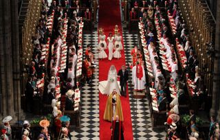 A long shot of inside Westminster Abbey on Prince William and Kate Middleton wedding day