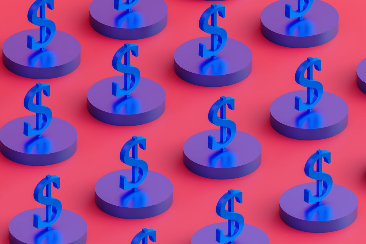 3D render of translucent blue dollar sign on red background.