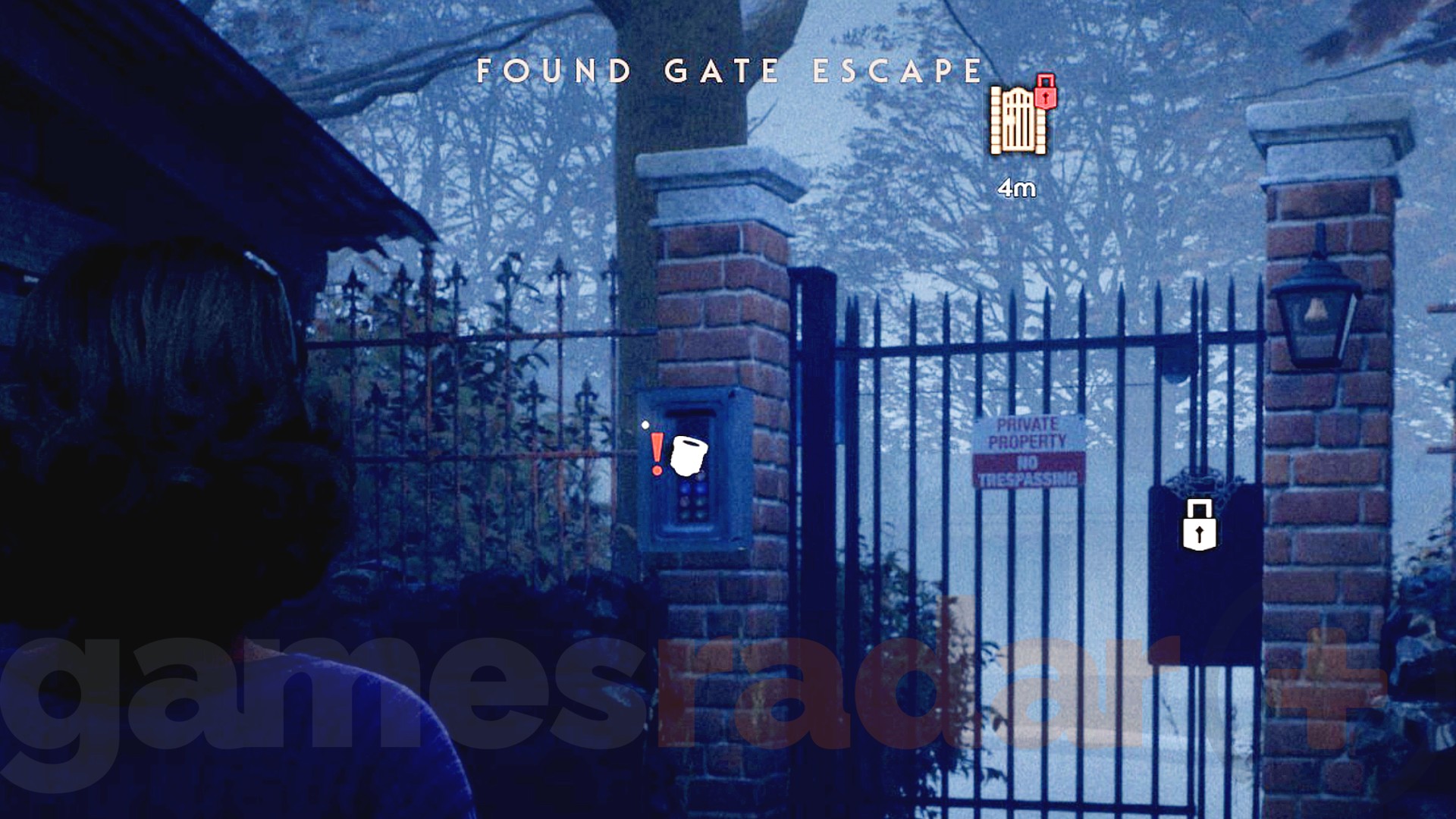 Tanya looks at a locked and unpowered gate, one of the Halloween the Game exit options.