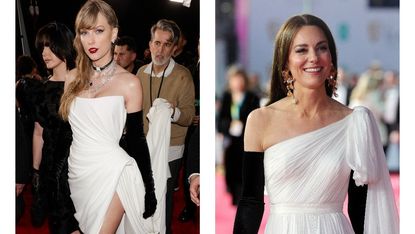 Taylor Swift and Kate Middleton in white gowns and black opera gloves