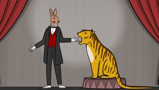 A rabbit magician about to get his arm bitten off by a tiger. Yeah that's a spoiler. 