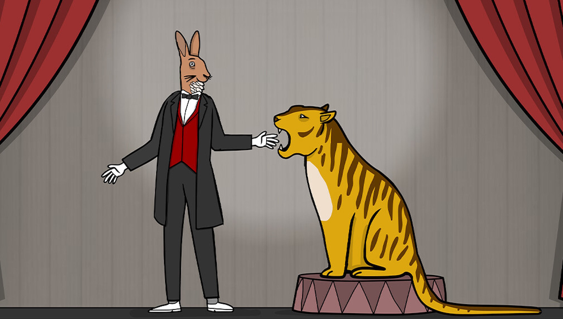 A rabbit magician about to get his arm bitten off by a tiger. Yeah that's a spoiler.