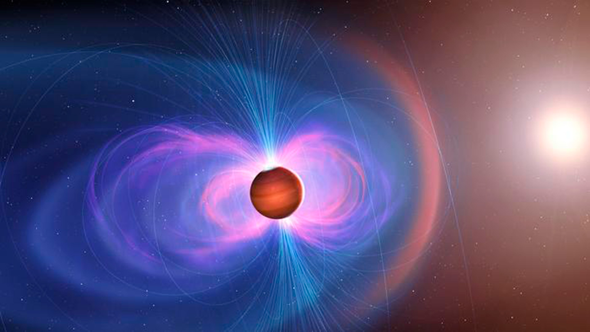 An illustration of a magnetic field around a red exoplanet in space