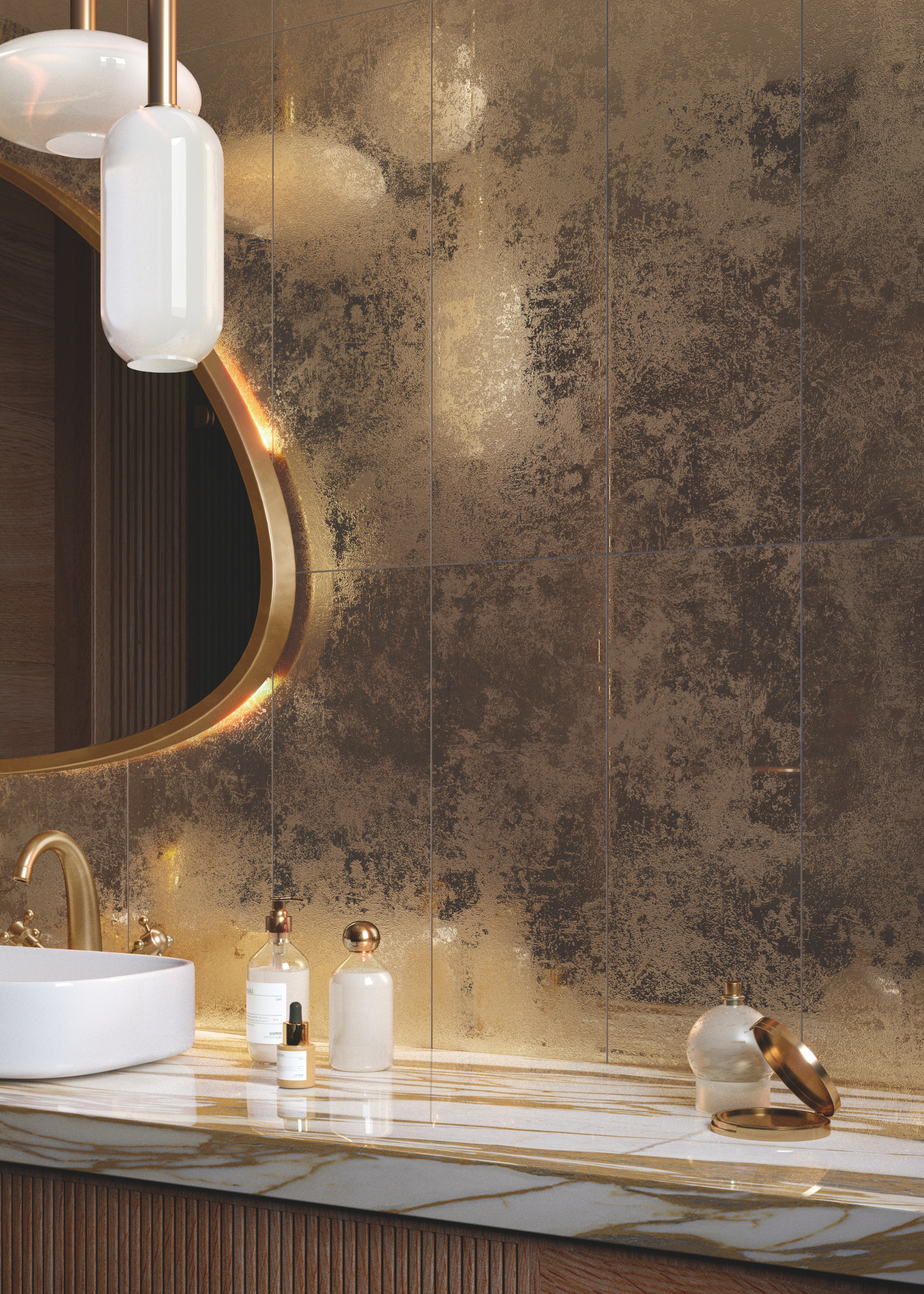 gold, metal-look wall tiles in a luxe spa bathroom with soap and body wash on the countertop