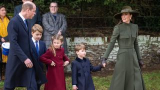 Prince William, Prince of Wales, Prince George, Princess Charlotte, Prince Louis and Catherine, Princess of Wales attend the Christmas Day service at Sandringham Church on December 25, 2022