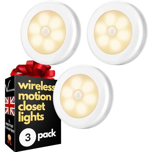 Vellichor 3 Pack Motion Sensor Wireless Light for Wardrobes Cupboards and Under Stairs Closets Battery Powered Led Warm White Lamp With Automatic on Off Kitchen, Bedroom, Bathroom, Garage, Shed, Loft