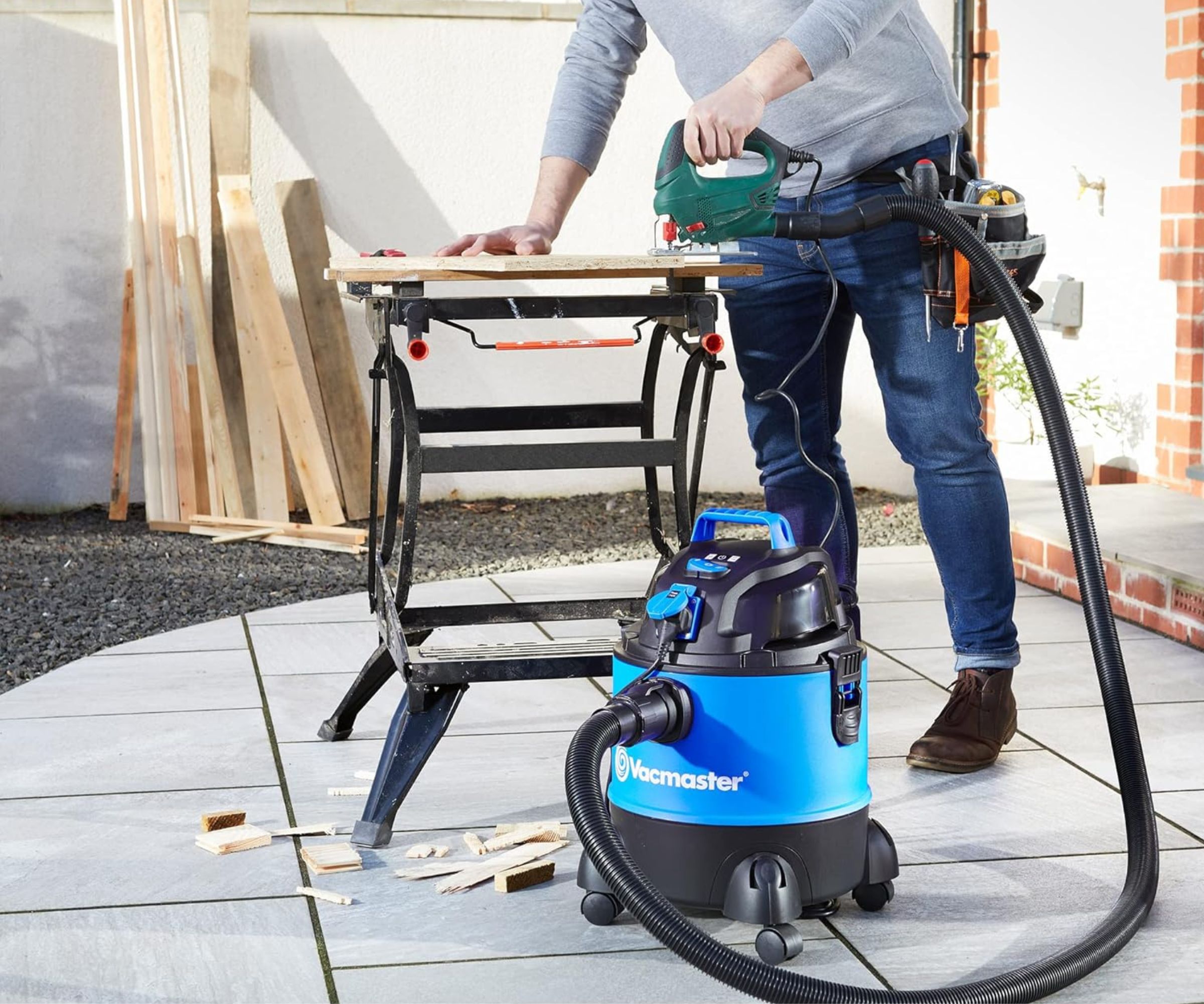 Vacmaster Multi 20 PTO Wet & Dry Vacuum Cleaner connected to power tool