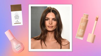 Emily Ratajkowski pictured with glowy makeup whilst attending the 2020 Vanity Fair Oscar Party/ in a pink, purple and orange template with with products from Glow Recipe, Drunk Elephant and e.l.f