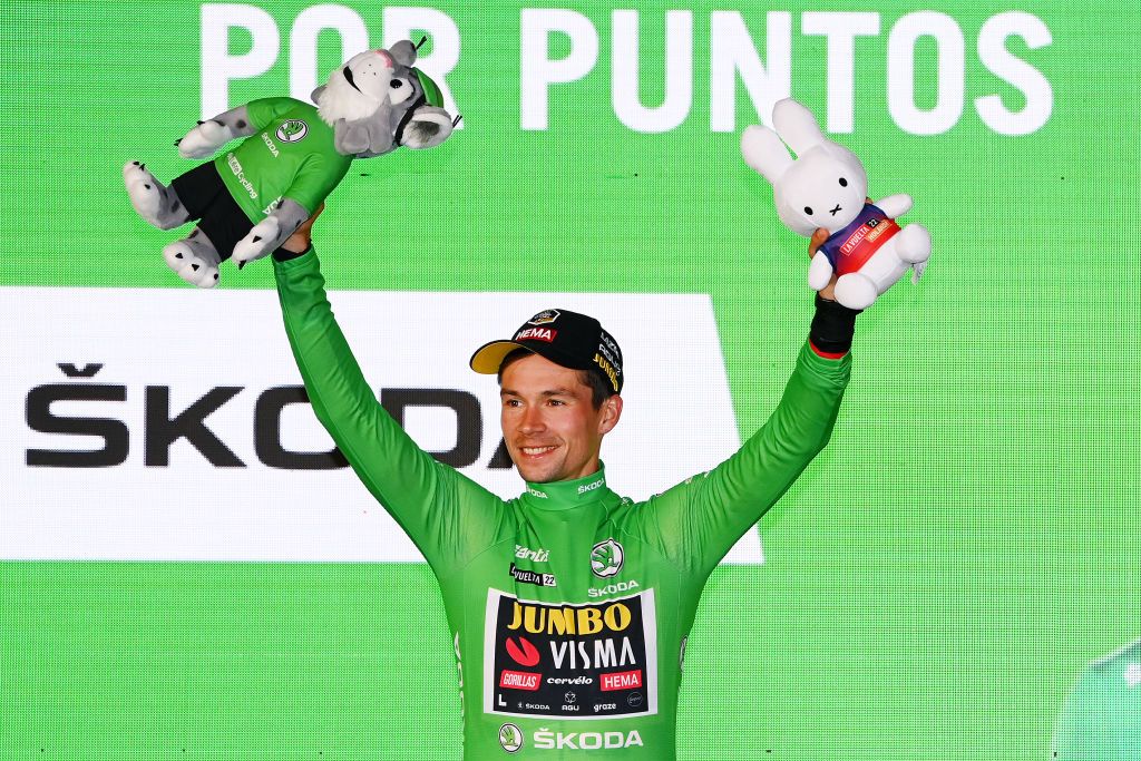 UTRECHT NETHERLANDS AUGUST 19 Primoz Roglic of Slovenia and Team Jumbo Visma celebrates winning the green points jersey on the podium ceremony after during the 77th Tour of Spain 2022 Stage 1 a 233km team time trial in Utrecht LaVuelta22 WorldTour on August 19 2022 in Utrecht Netherlands Photo by Tim de WaeleGetty Images