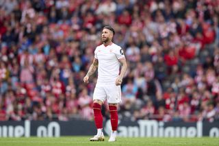 Sergio Ramos of Sevilla FC looks on during the LaLiga EA Sports match between Athletic Club and Sevilla FC at Estadio de San Mames on May 19, 2024 in Bilbao, Spain