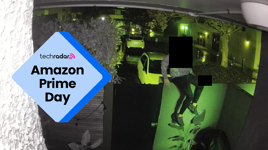 Night time footage taken with home security camera, and an Amazon Prime Day deal badge.