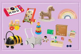 The best toys for one year olds include a rocking horse, wooden rainbow stacker and musical piano