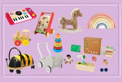 The best toys for 1 year olds include a rocking horse, wooden rainbow stacker and musical piano