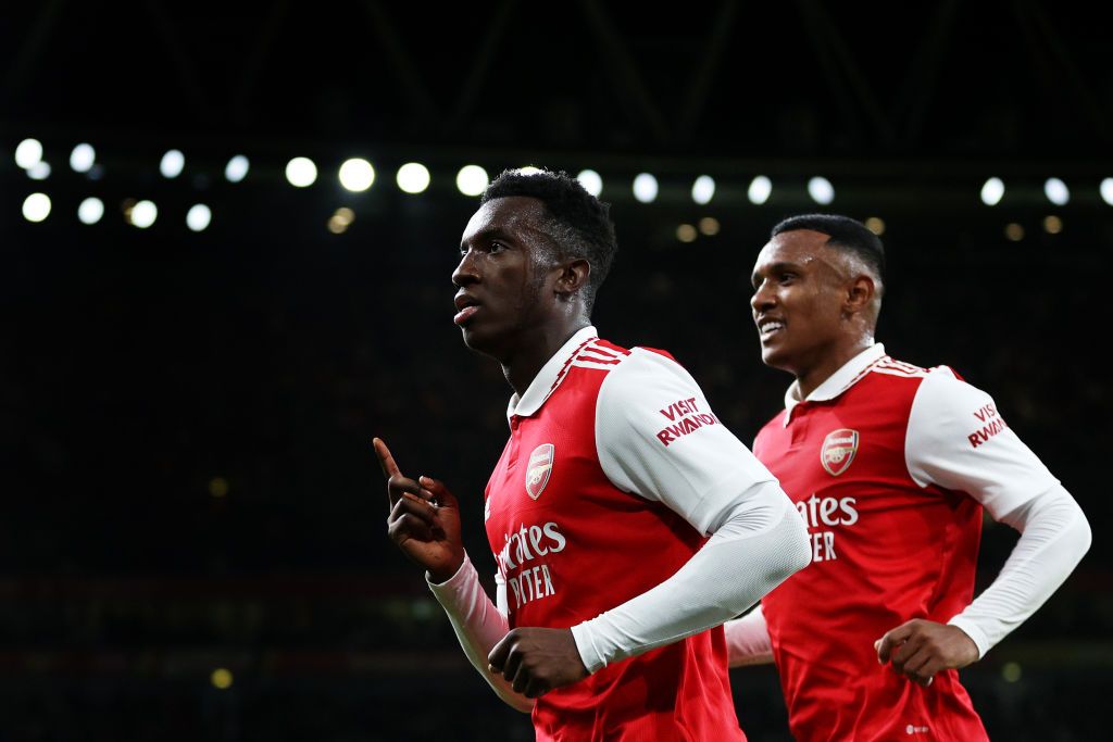 Arsenal vs PSV live stream: Eddie Nketiah of Arsenal celebrates after scoring their team&#039;s first goal during the UEFA Europa League group A match between Arsenal FC and FK Bodo/Glimt at Emirates Stadium on October 06, 2022 in London, England