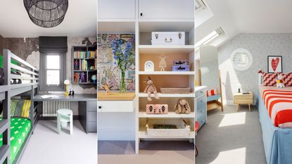 Children's bedrooms, one with shelving, one with gray furniture, one with storage