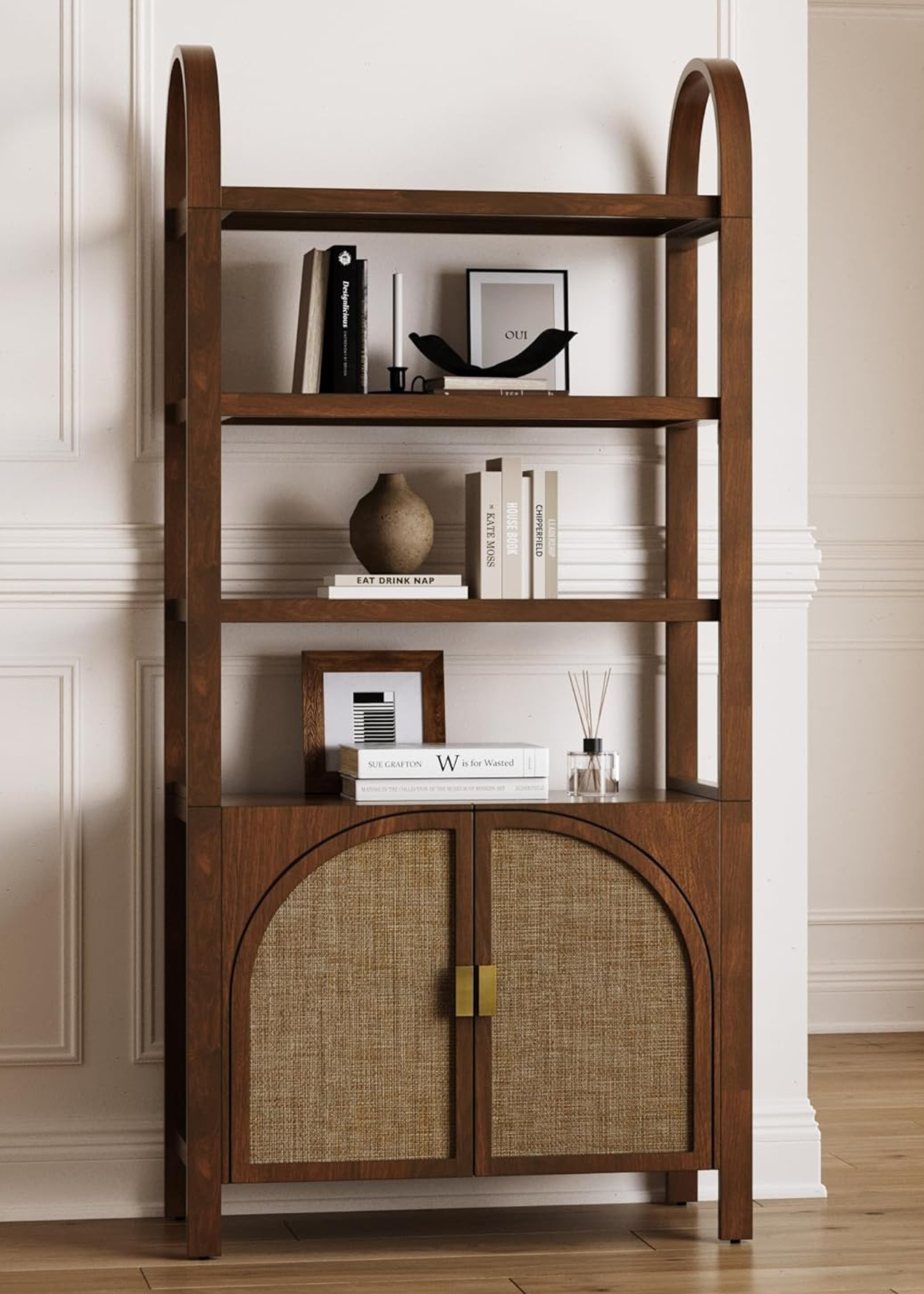 Nathan James Paxton Boho Bookshelf Cabinet with Solid Wood Frame Rattan Bookshelf with Cabinet Base