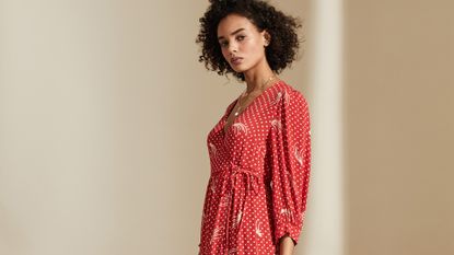 red m&s ghost dress on model