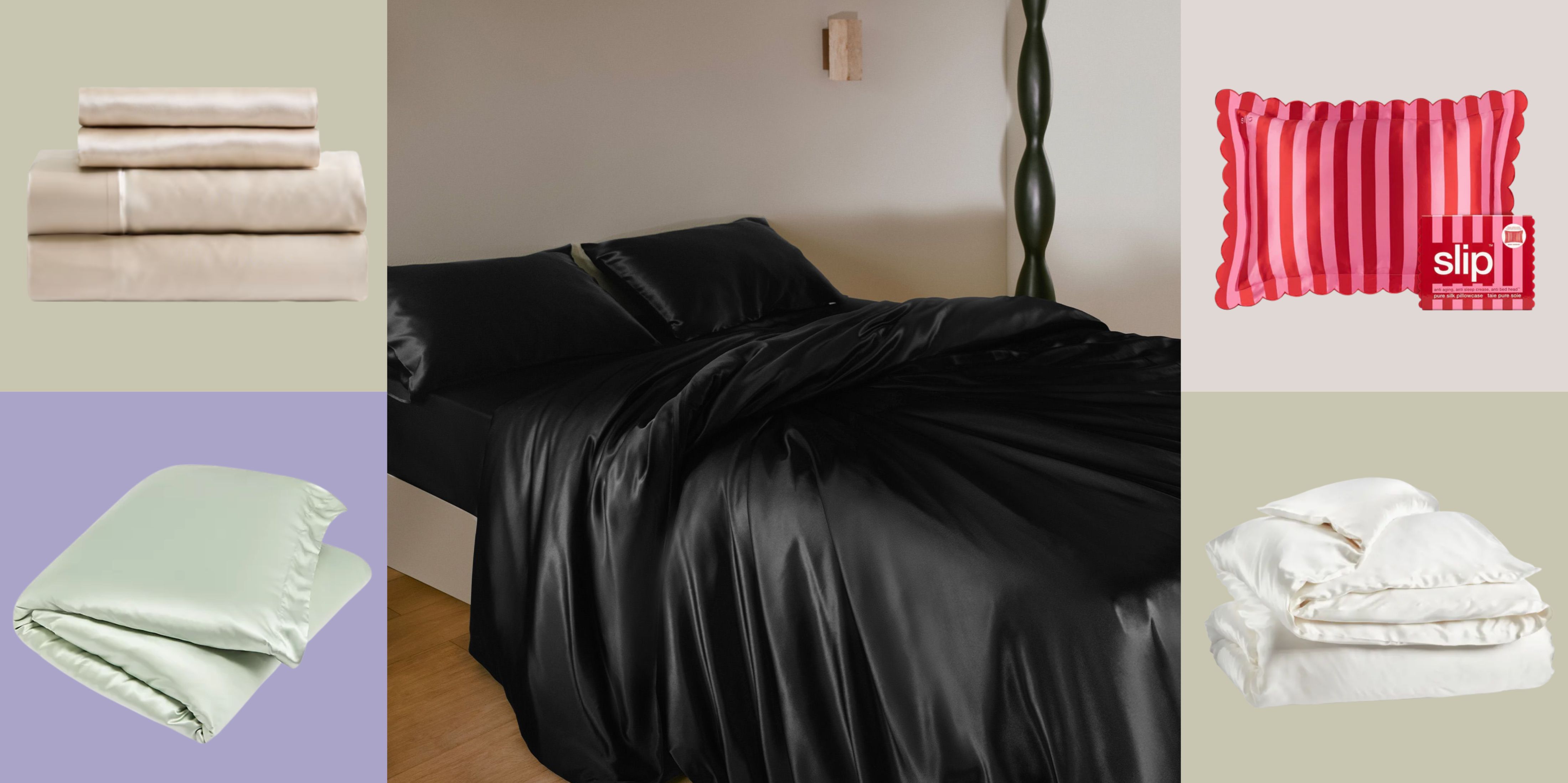 Silk bedding, spanning sheets, duvets, and pillowcases, pictured against a colorful checkered background