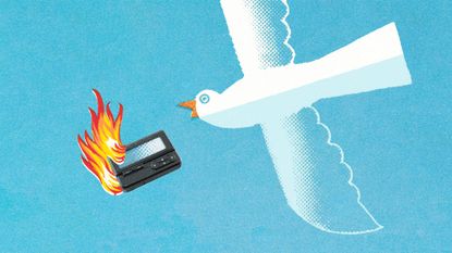 Illustrative collage of a white dove dropping an exploding pager